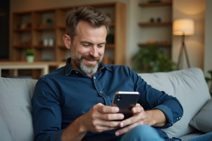Homme se connectant à son espace personnel MyPeopleDoc depuis un mobile à domicile