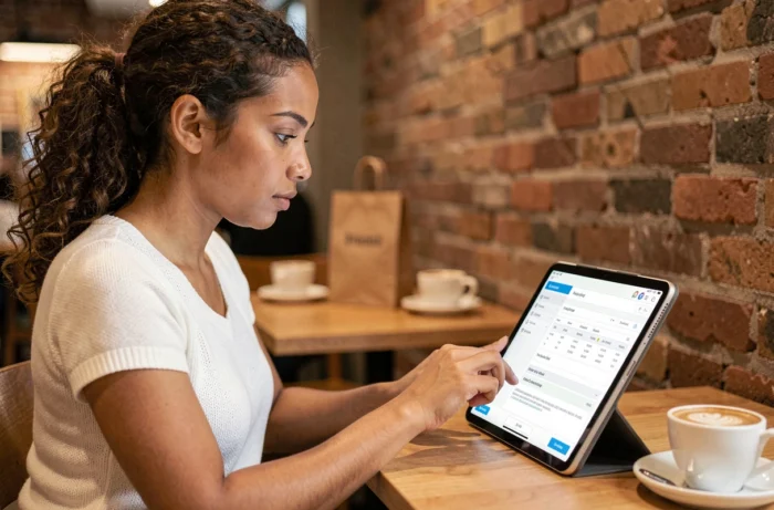Jeune femme consultant le portail salarial HR4YOU Auchan sur une tablette dans un café