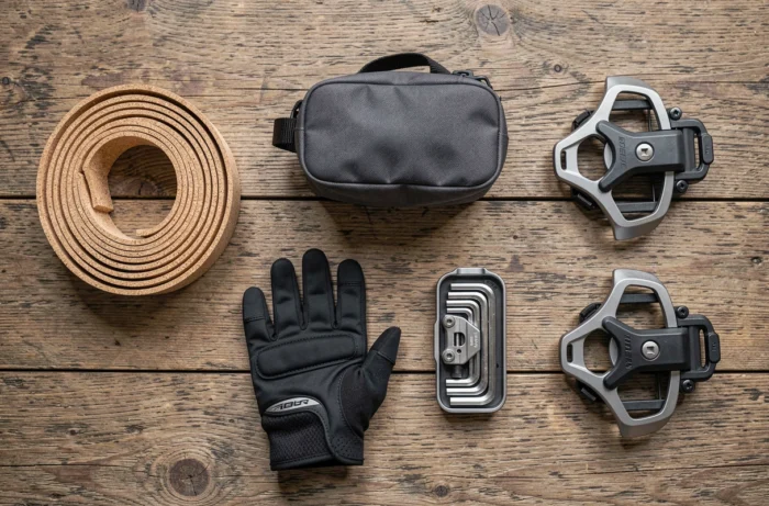 Accessoires indispensables pour le vélo de route Triban RC120 posés sur une table en bois