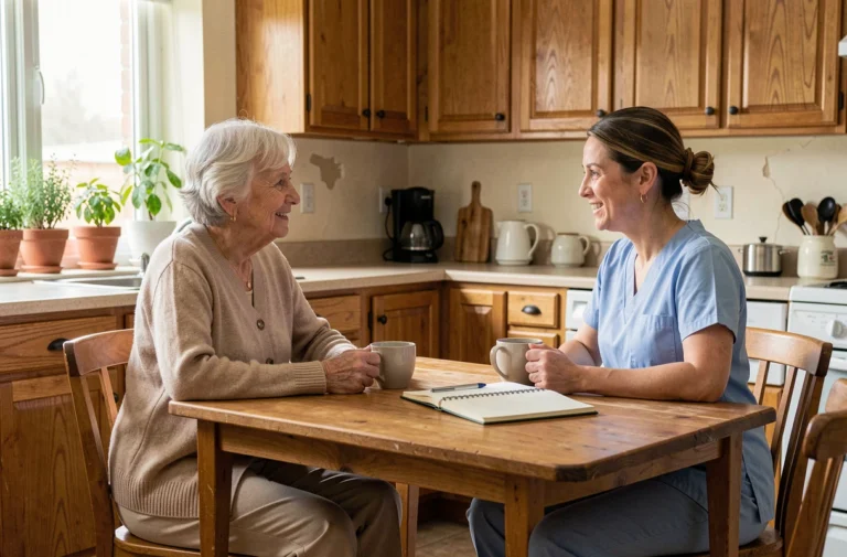 Accompagnante à domicile en conversation bienveillante avec une femme âgée autour d'une tasse de thé dans une cuisine chaleureuse