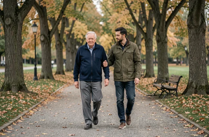 Aide à domicile accompagnant un homme âgé lors d'une promenade en plein air dans un parc en automne