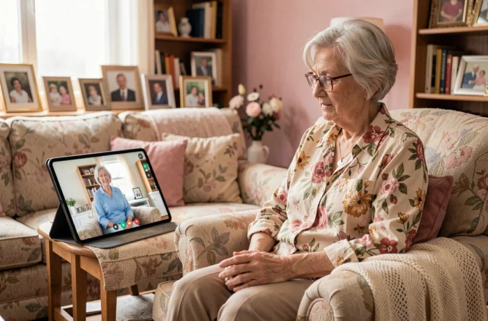Femme âgée participant à une consultation de suivi à distance avec une professionnelle de santé via tablette dans son salon