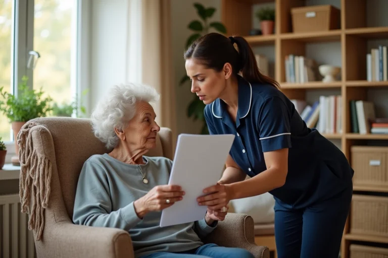 Aide à domicile ADMR accompagnant une personne âgée à son domicile avec un document de planning de soins