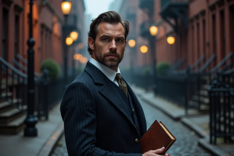 Acteur en costume victorien tenant un carnet sur une rue pavée new-yorkaise de la fin du XIXe siècle, ambiance de série policière historique L'Aliéniste saison 3