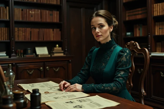 Actrice en robe victorienne assise à un bureau antique recouvert de dossiers criminels dans un bureau d'époque pour illustrer la saison 3 de L'Aliéniste