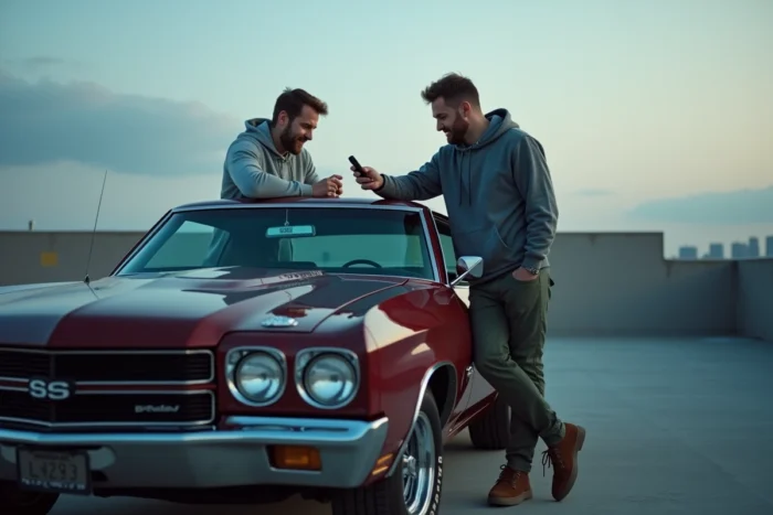 Deux amis passionnés d'automobile consultant des tendances auto sur smartphone devant une muscle car restaurée sur un toit urbain