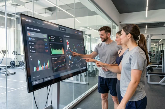 Groupe de jeunes professionnels du sport analysant des données de performance sportive sur un écran tactile dans un centre high-tech