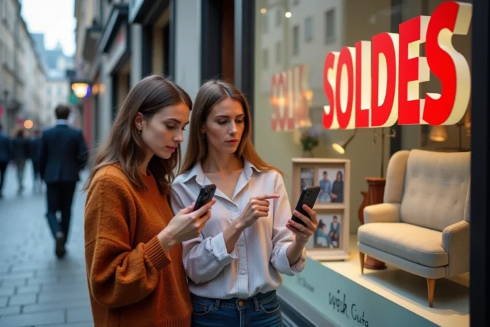 Deux femmes analysant les affiches de soldes Poltronesofa devant une vitrine de magasin en comparant les prix sur leurs smartphones