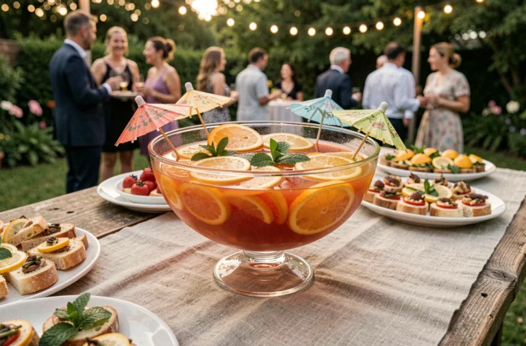 Grand bol à punch rempli d'apéritif Jacqueline coloré garni de tranches de citrus et de feuilles de menthe pour une soirée festive en jardin