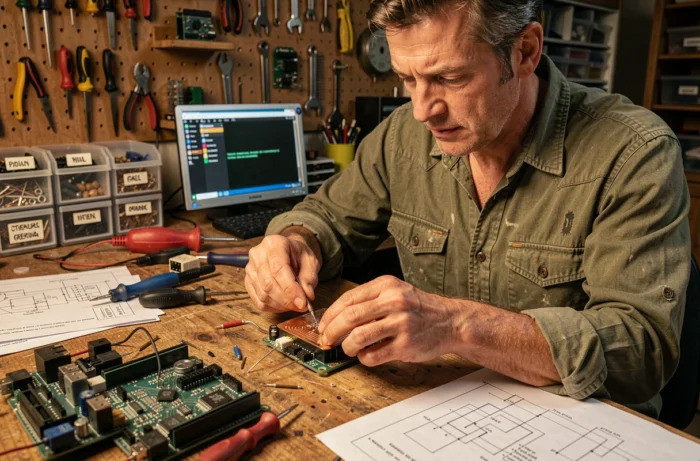 Passionné de hardware assemblant un ordinateur monocarte sous Linux dans un atelier de maker avec composants électroniques