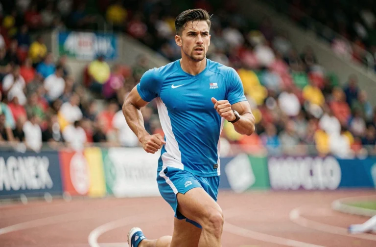 Athlète masculin professionnel en pleine course sur une piste d'athlétisme lors d'une compétition sportive majeure en 2024