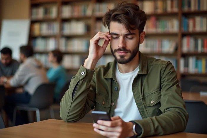 Jeune homme consultant son smartphone pour une authentification à deux facteurs lors d'un problème d'accès à un compte en ligne