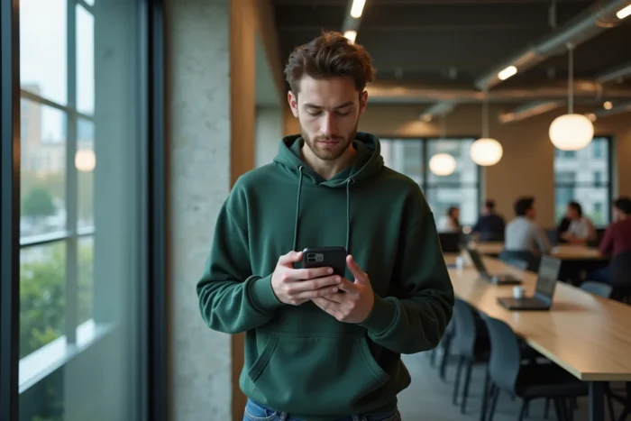 Jeune professionnel authentifiant son accès MyPeopleDoc sur téléphone dans un espace de coworking