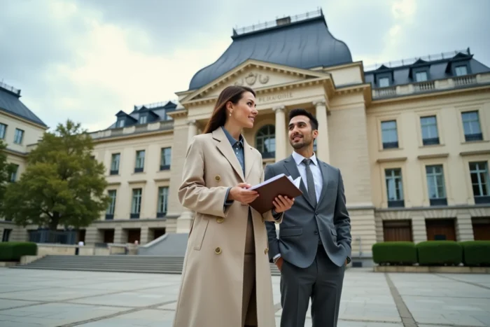 Professionnels discutant d'un bail emphytéotique devant un bâtiment administratif public