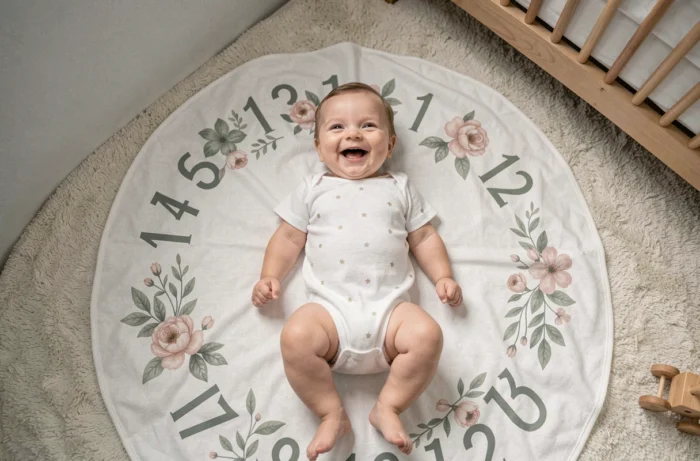 Bébé souriant allongé sur une couverture étape ronde avec numéros et fleurs dans une chambre minimaliste