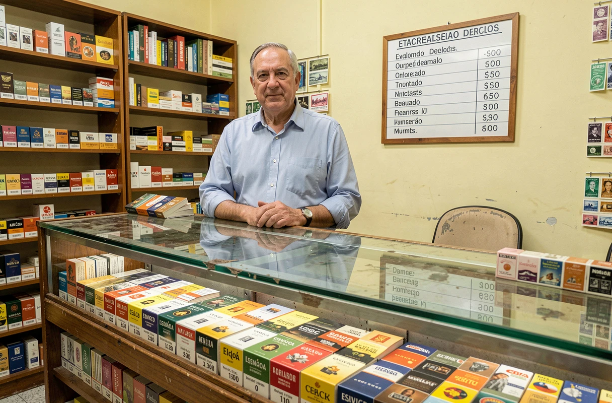 Buraliste espagnol derrière son comptoir dans un estanco avec des rangées de paquets de cigarettes et étiquettes de prix