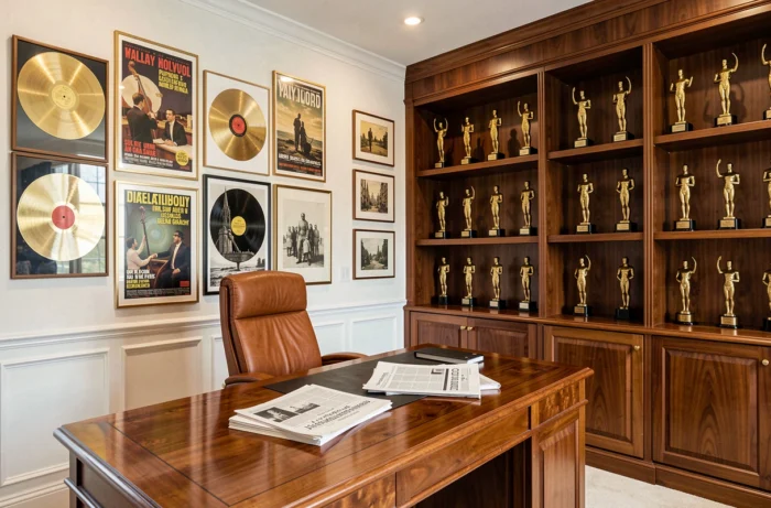 Bureau de direction alliant influences Hollywood et Paris avec disques d'or, affiches de films et livres français, symbolisant la double carrière de Tony Scotti
