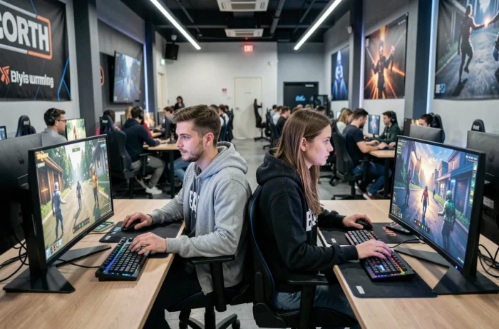 Deux amis jouant en ligne dans un café esports moderne, chacun devant son écran gaming