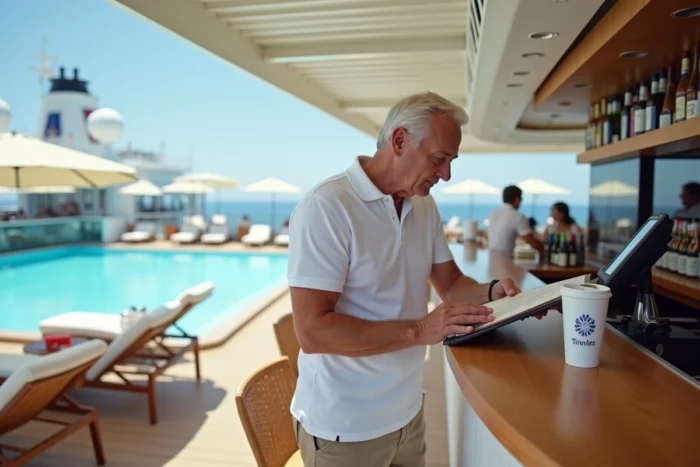 Homme consultant la carte des boissons au bar de la piscine sur un bateau de croisière Costa