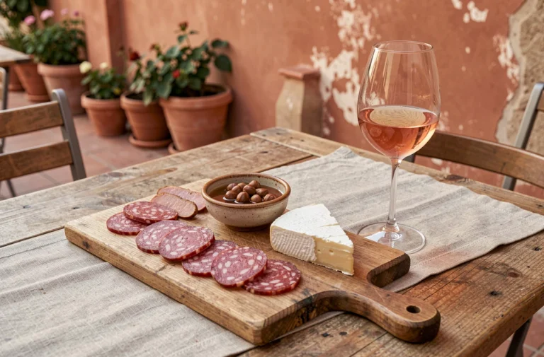 Plateau de charcuterie corse avec lonzu, coppa et brocciu sur une terrasse d'Ajaccio