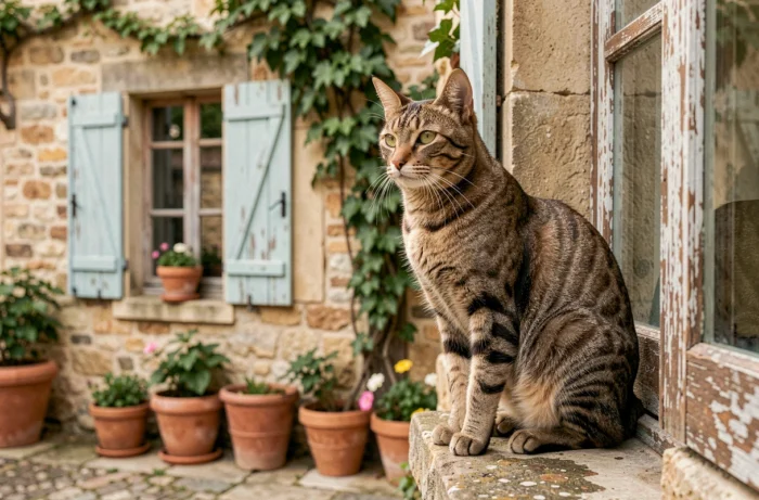 Un chat tigré assis sur un rebord en pierre d'une ferme française, regardant avec curiosité dans une cour rustique