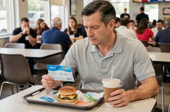 Homme examinant un chèque vacances ANCV à côté de son repas dans un fast food