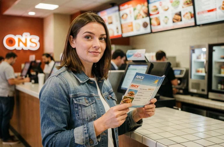 Femme tenant un carnet de chèques vacances ANCV au comptoir d'un fast food Burger King