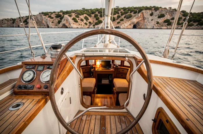 Poste de barre et cockpit d'un voilier en acier vintage avec vue sur la mer Méditerranée