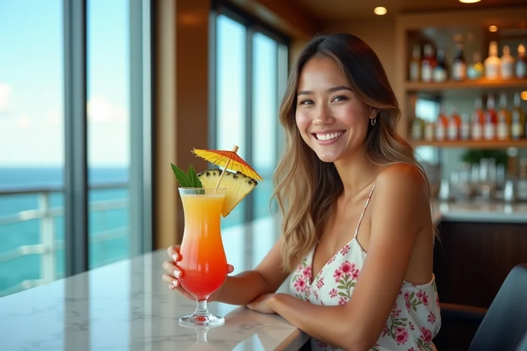 Femme souriante tenant un cocktail tropical au bar d'une croisière Costa avec vue sur l'océan