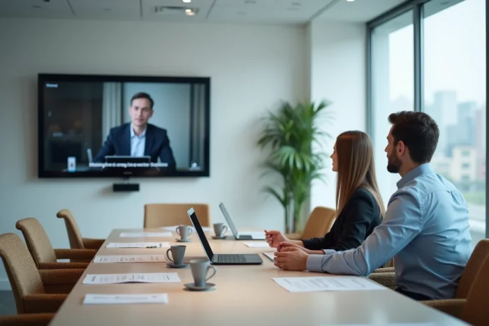 Deux collègues en salle de réunion regardant une session de streaming Voplav sur grand écran pour améliorer leur communication