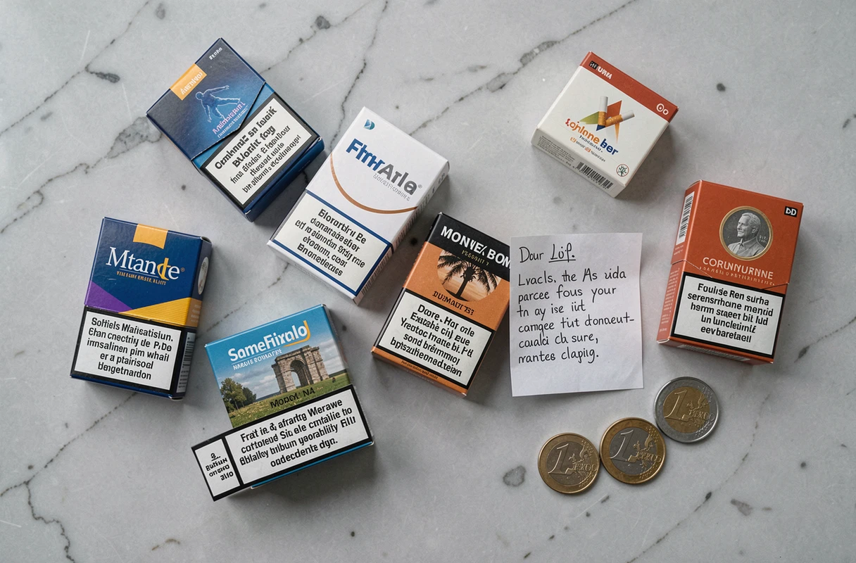 Comparaison de paquets de cigarettes européens avec étiquettes de prix en euros sur fond neutre