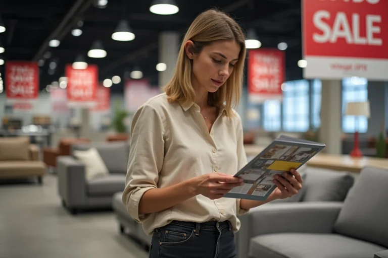 Femme examinant une étiquette de prix sur un canapé Poltronesofa lors des soldes, comparant une offre promotionnelle dans un showroom de meubles