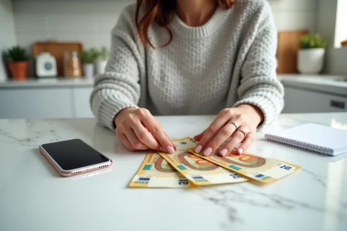 Mains de femme comptant des billets en euros sur une table avec une application bancaire ouverte pour gérer une somme de 7000 euros