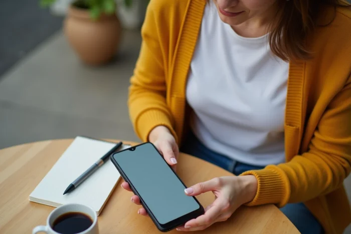 Jeune femme configurant la messagerie Zimbra académique sur smartphone en terrasse près d'un établissement scolaire