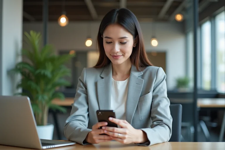 Femme professionnelle consultant son compte MyPeopleDoc sur smartphone au bureau