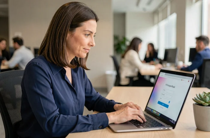 Employée Auchan connectée au portail RH HR4YOU sur un ordinateur portable dans un bureau moderne