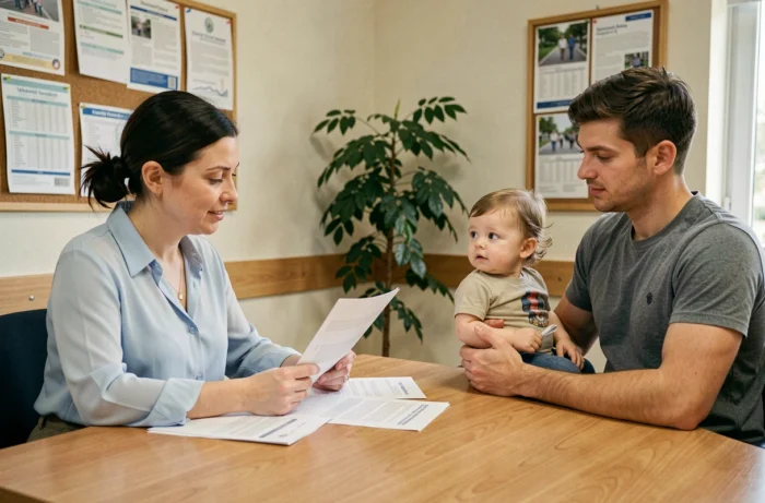 Conseillère en logement social aidant une famille à comprendre les critères de priorité du dispositif Syplo