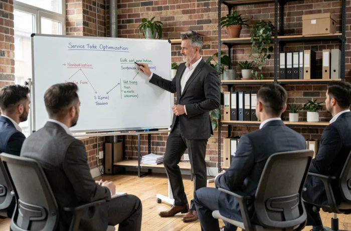 Consultant professionnel présentant une feuille de route d'optimisation de services à une équipe dans un espace de coworking