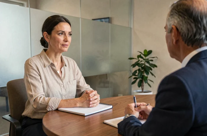 Femme consultant un avocat spécialisé en garde d'enfant lors d'une séparation à Nice