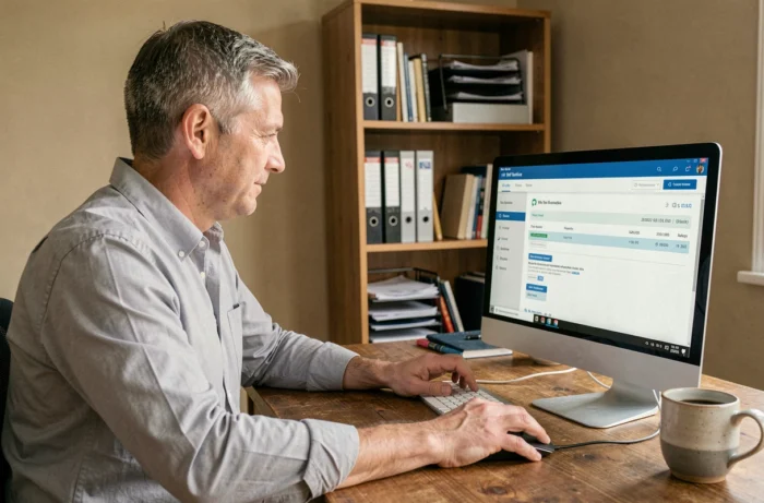 Homme consultant sa fiche de paie en ligne sur le portail HR4YOU Auchan depuis son bureau à domicile