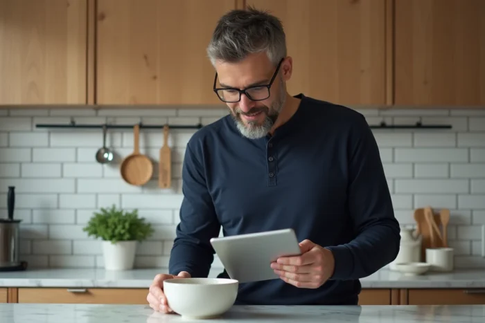 Homme consultant un guide habitat sur une tablette numérique dans une cuisine moderne en bois naturel et marbre