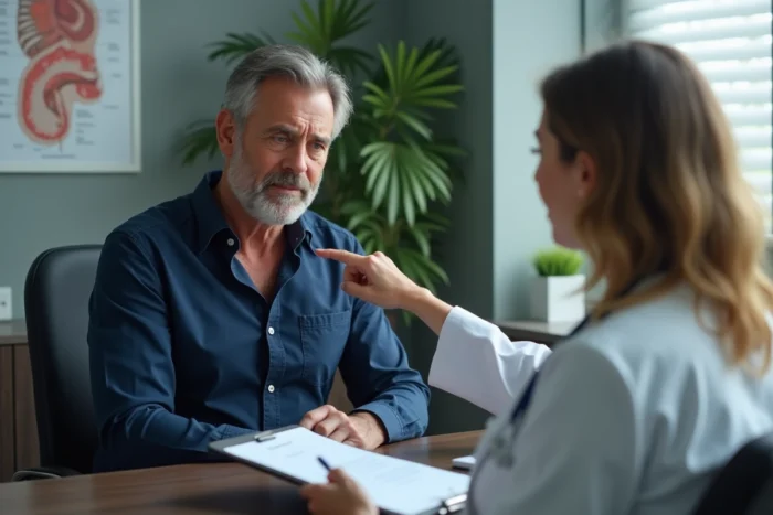 Patient montrant ses ganglions douloureux sous la mâchoire lors d'une consultation médicale