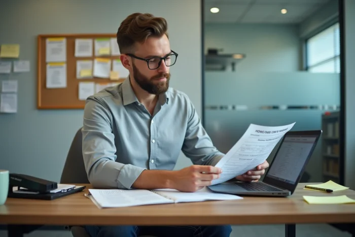 Coordinateur ADMR consultant un simulateur de tarif horaire sur ordinateur dans un bureau associatif