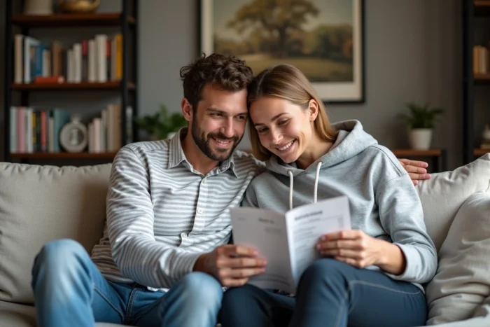 Couple discutant de leur assurance habitation Foncia ensemble dans leur salon