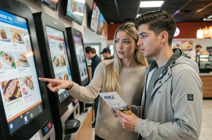 Couple utilisant une borne de commande en fast food avec des chèques vacances ANCV à la main