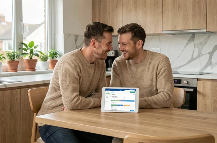 Couple comparant des solutions de crédit sur une tablette dans leur cuisine