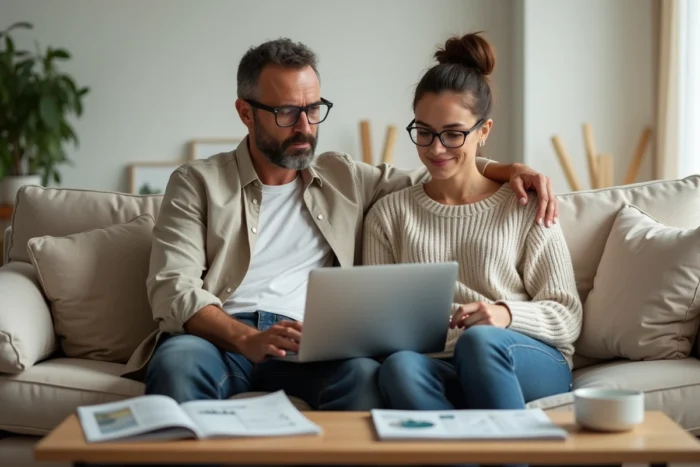 Couple planifiant leurs investissements boursiers ensemble sur un ordinateur portable dans un salon moderne
