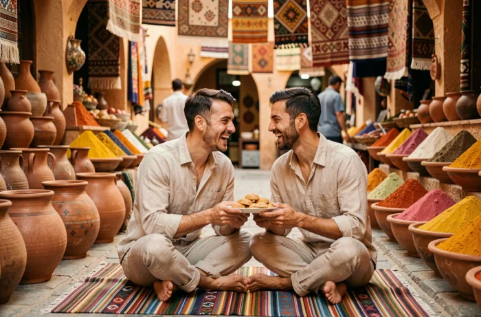 Couple de voyageurs partageant un moment authentique dans un marché traditionnel d'une médina nord-africaine