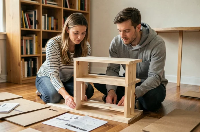 Couple assemblant des étagères en bois dans un bureau à domicile lors d'un projet d'aménagement intérieur