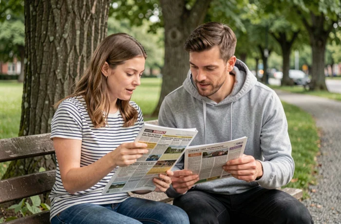 Couple consultant des petites annonces locales imprimées sur un banc de parc dans un quartier résidentiel